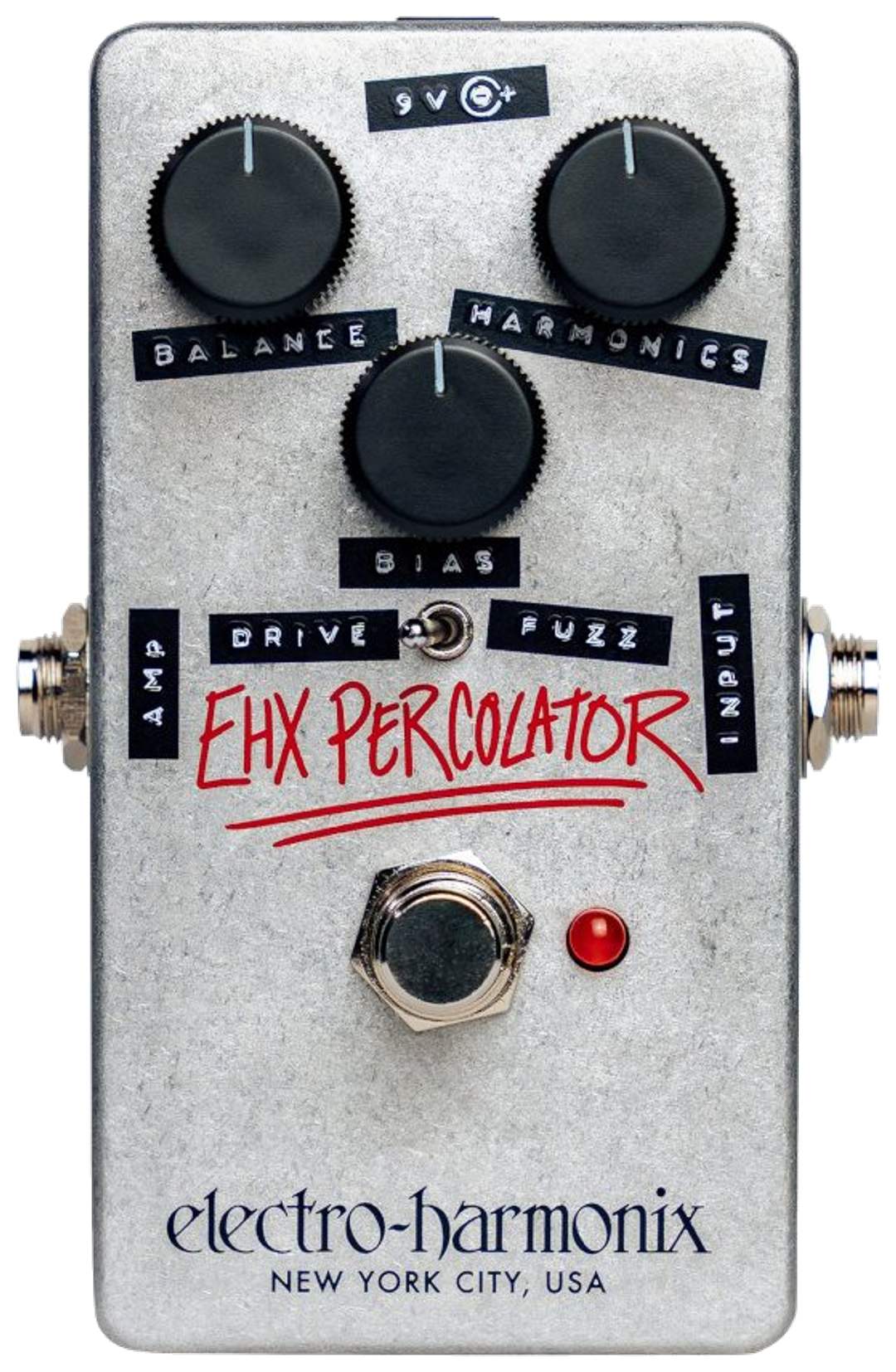 Electro-Harmonix Percolator, top-down, silver enclosure, red EHX Percolator script, three knobs