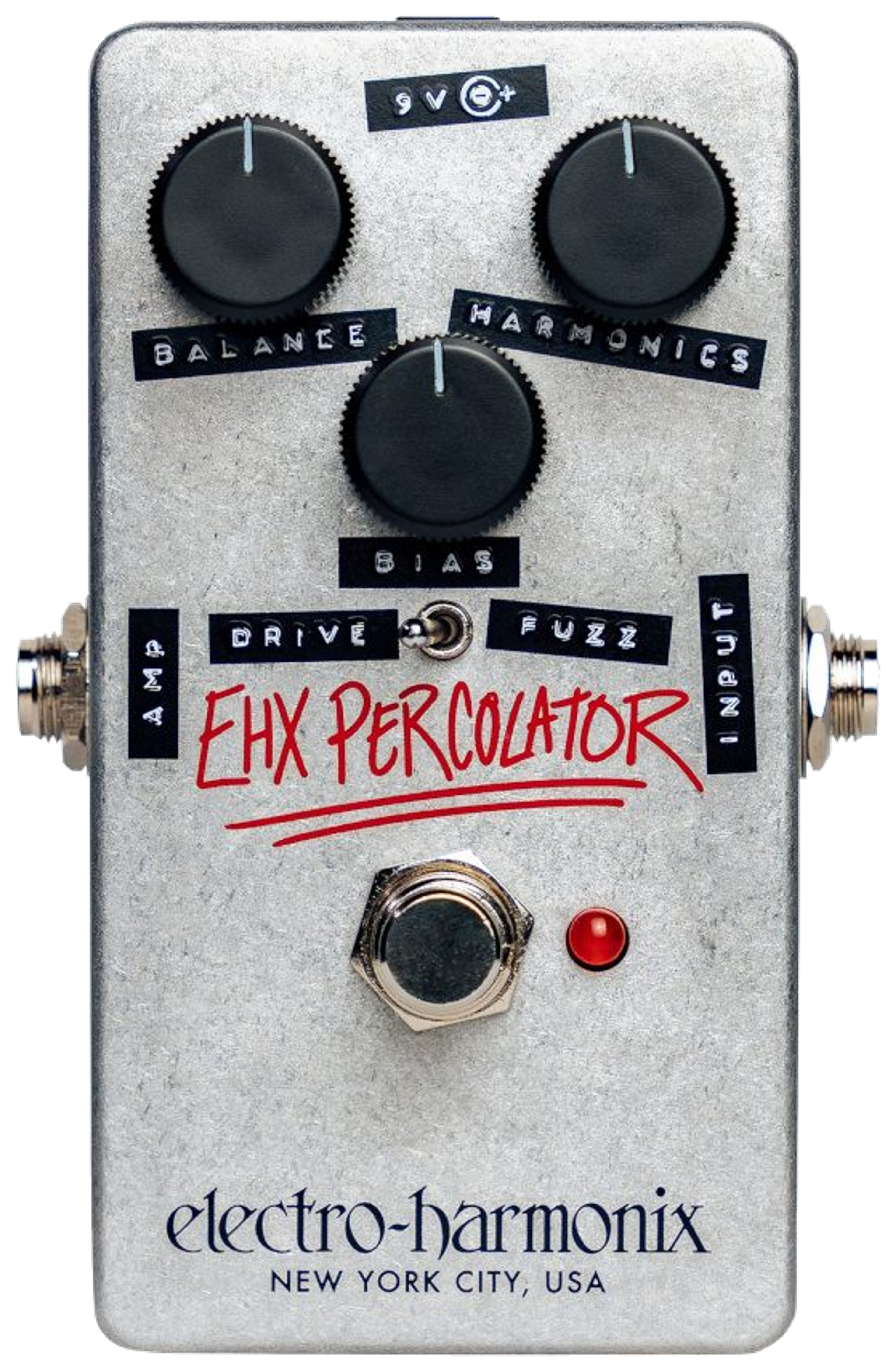 Electro-Harmonix Percolator, top-down, silver enclosure, red EHX Percolator script, three knobs