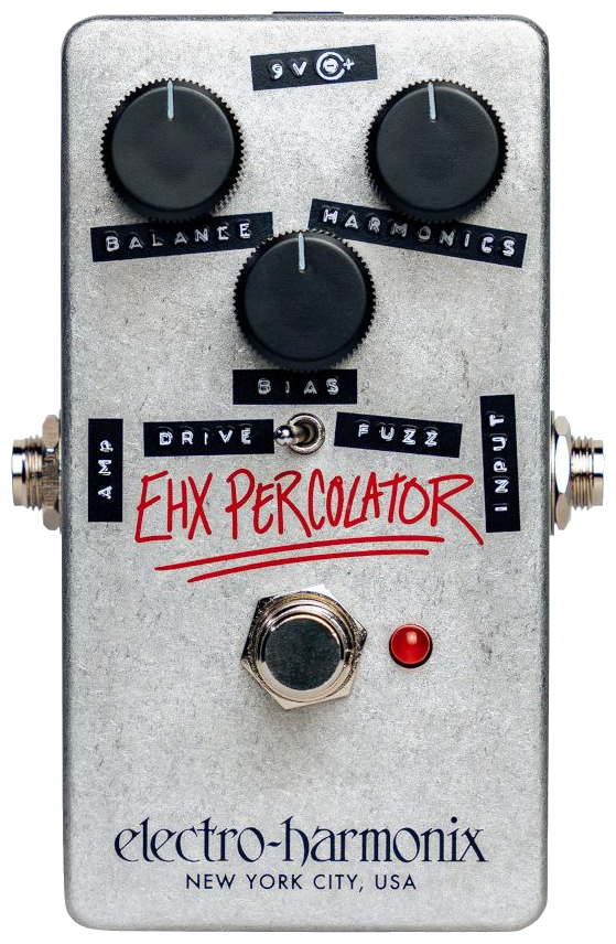 Electro-Harmonix Percolator, top-down, silver enclosure, red EHX Percolator script, three knobs