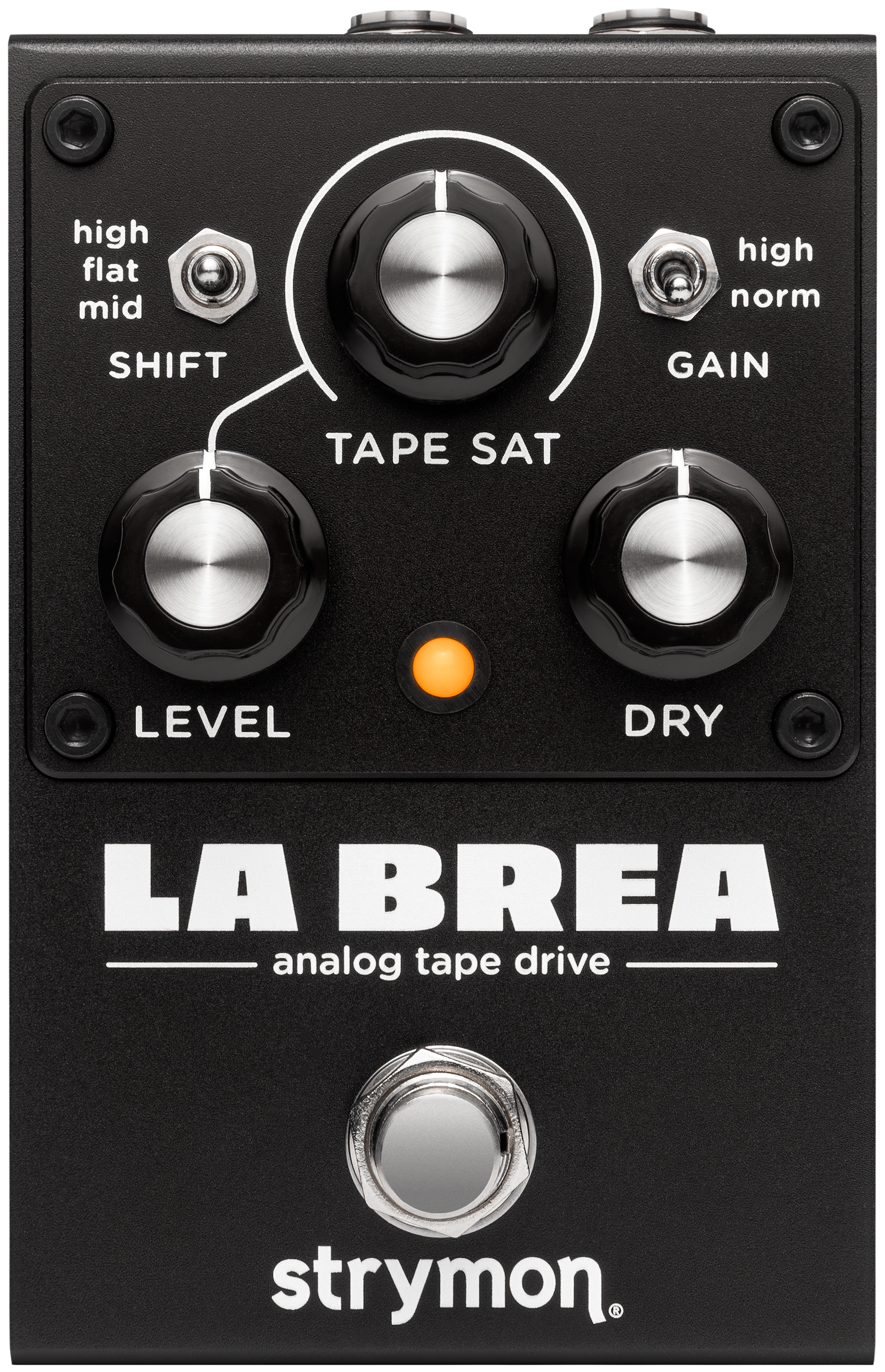 Strymon La Brea, top-down, black enclosure with Tape Sat, Level and Dry knobs, Shift and Gain toggles