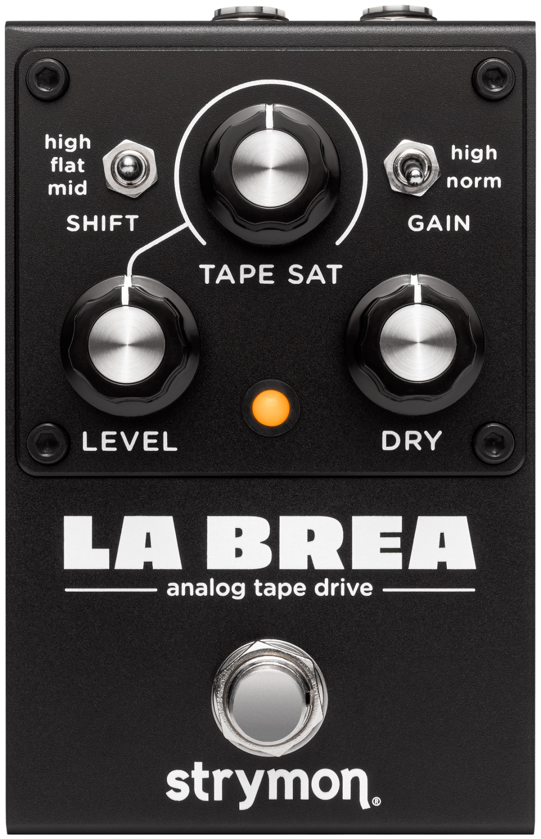 Strymon La Brea, top-down, black enclosure with Tape Sat, Level and Dry knobs, Shift and Gain toggles