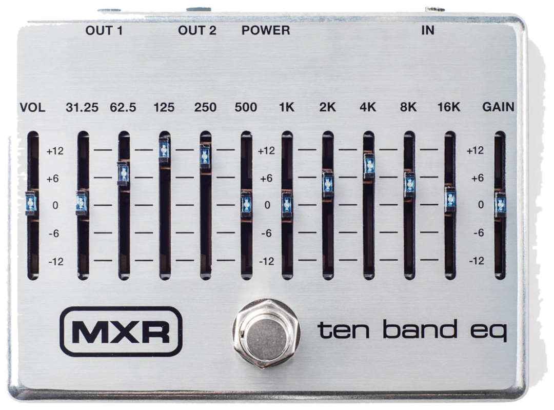 MXR M108S Ten Band EQ, top-down view, silver enclosure, ten EQ sliders with blue LEDs, MXR logo