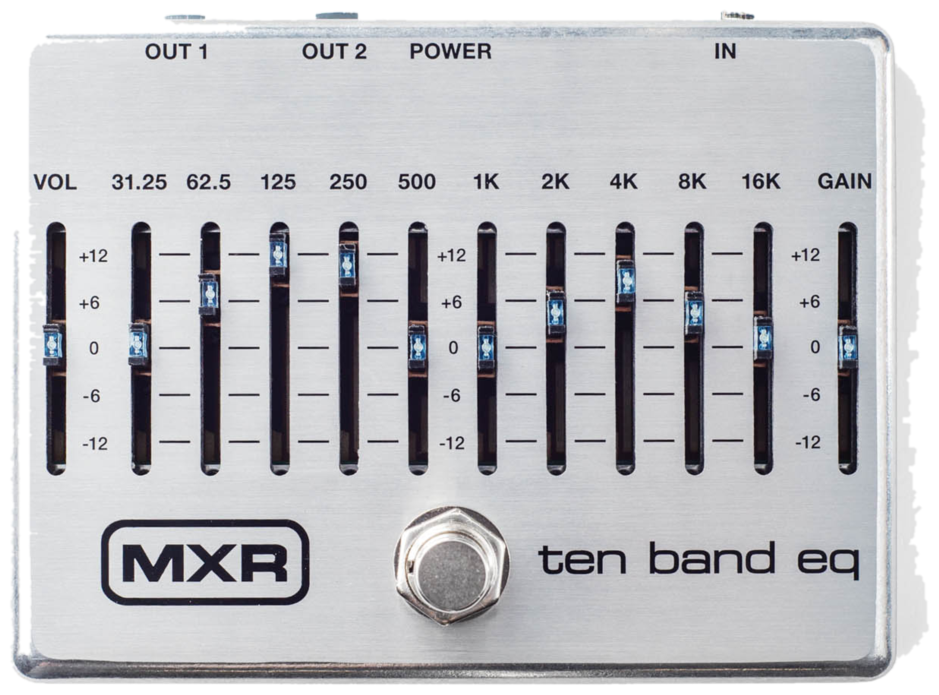 MXR M108S Ten Band EQ, top-down view, silver enclosure, ten EQ sliders with blue LEDs, MXR logo