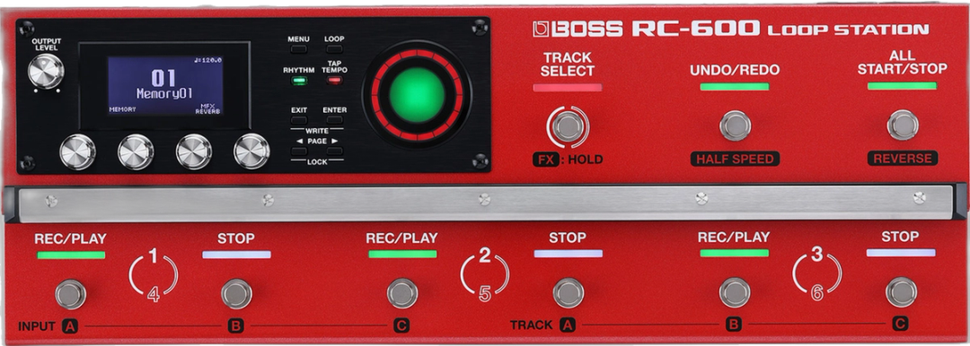 BOSS RC-600 Loop Station, top-down view, red chassis, nine footswitches, circular loop LED, LCD