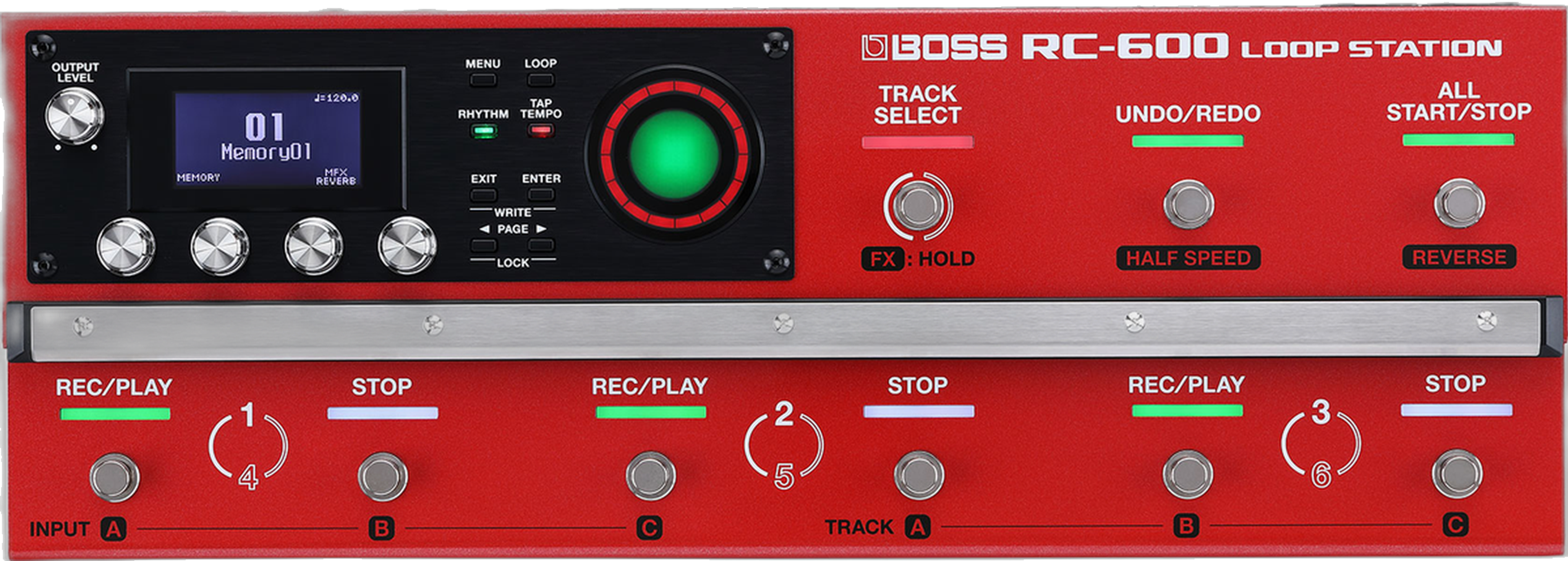 BOSS RC-600 Loop Station, top-down view, red chassis, nine footswitches, circular loop LED, LCD