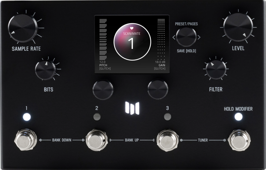 Meris Ottobit X stereo bitcrusher and glitch pedal, front view, matte black enclosure with colour display, four knobs and four footswitches