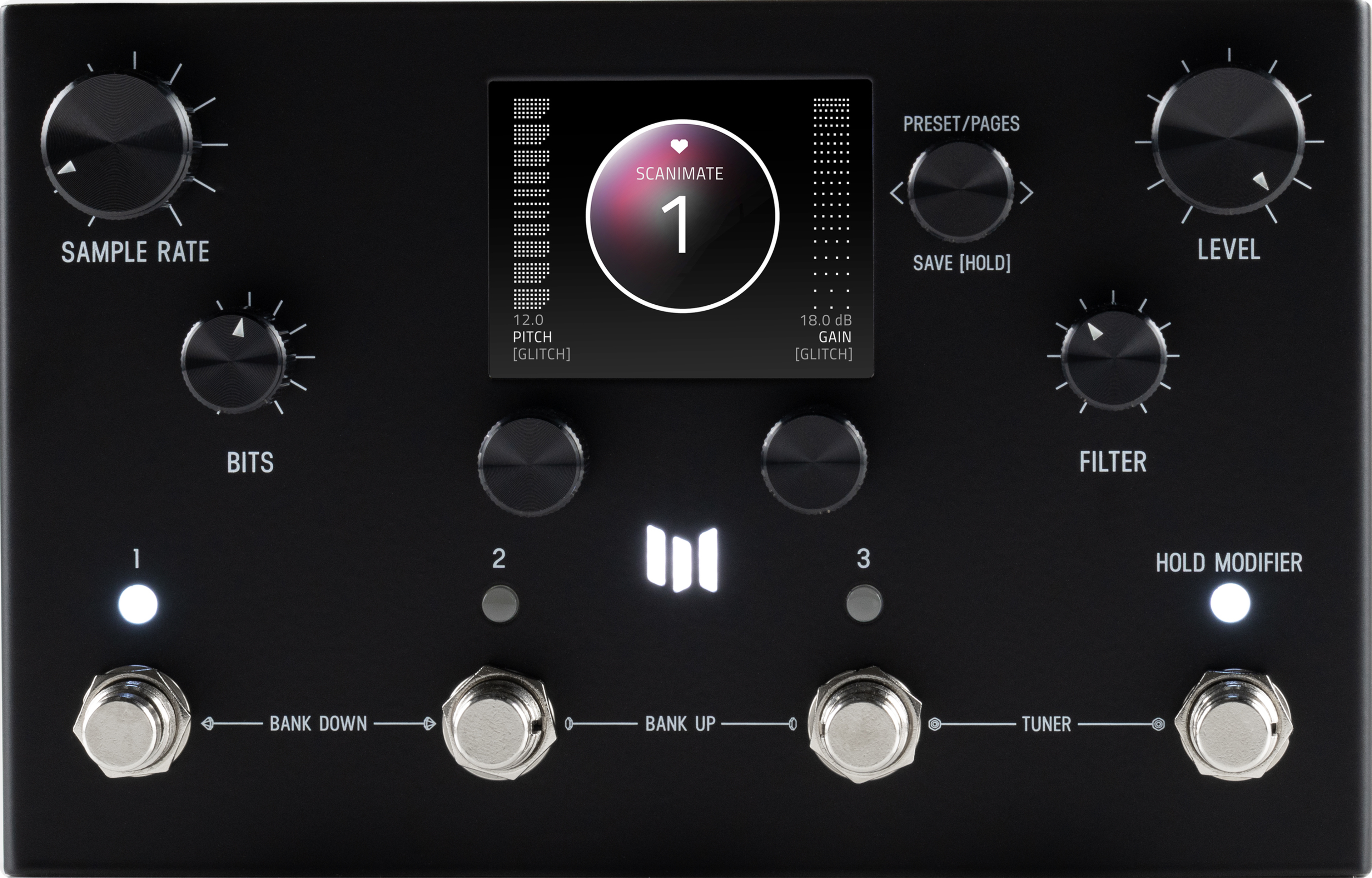 Meris Ottobit X stereo bitcrusher and glitch pedal, front view, matte black enclosure with colour display, four knobs and four footswitches