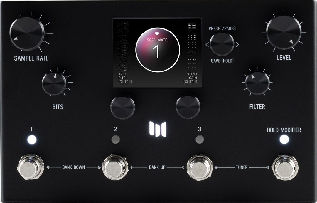 Meris Ottobit X stereo bitcrusher and glitch pedal, front view, matte black enclosure with colour display, four knobs and four footswitches