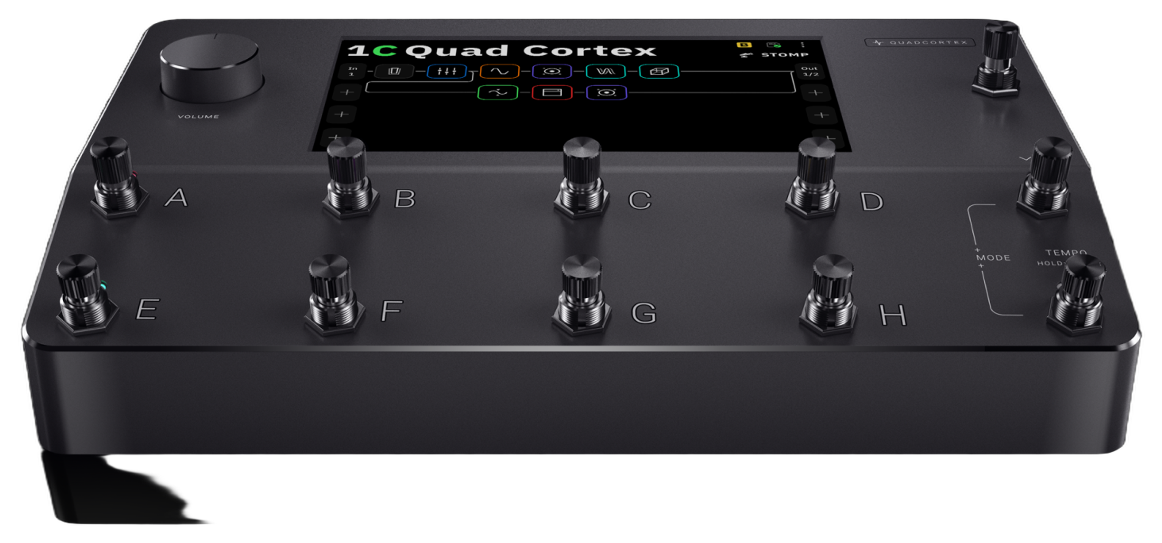 Neural DSP Quad Cortex, three-quarter view, dark aluminium chassis, 7-inch touchscreen, volume knob, eleven footswitch actuators