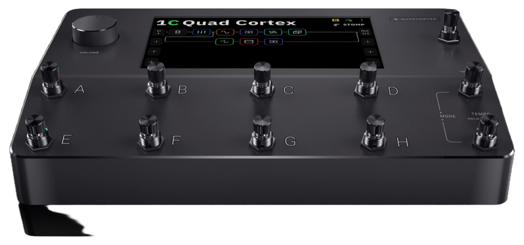 Neural DSP Quad Cortex, three-quarter view, dark aluminium chassis, 7-inch touchscreen, volume knob, eleven footswitch actuators