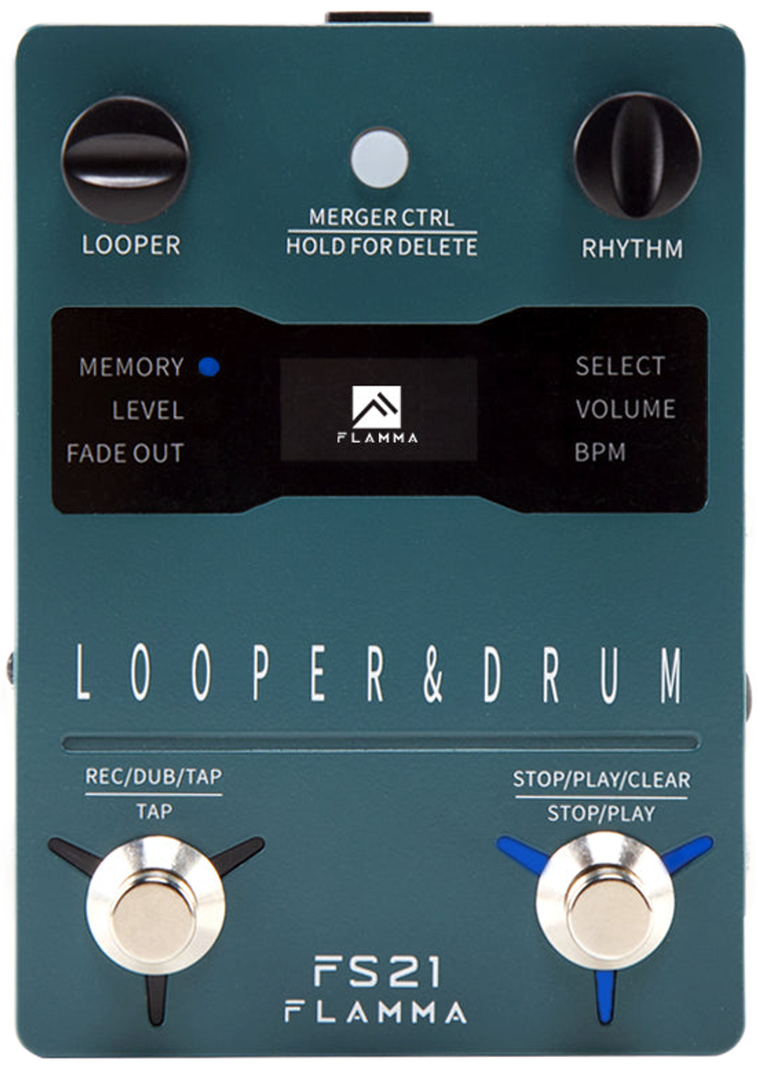 Flamma FS21 looper and drum machine pedal, top-down view, teal enclosure with a display, two knobs and two footswitches
