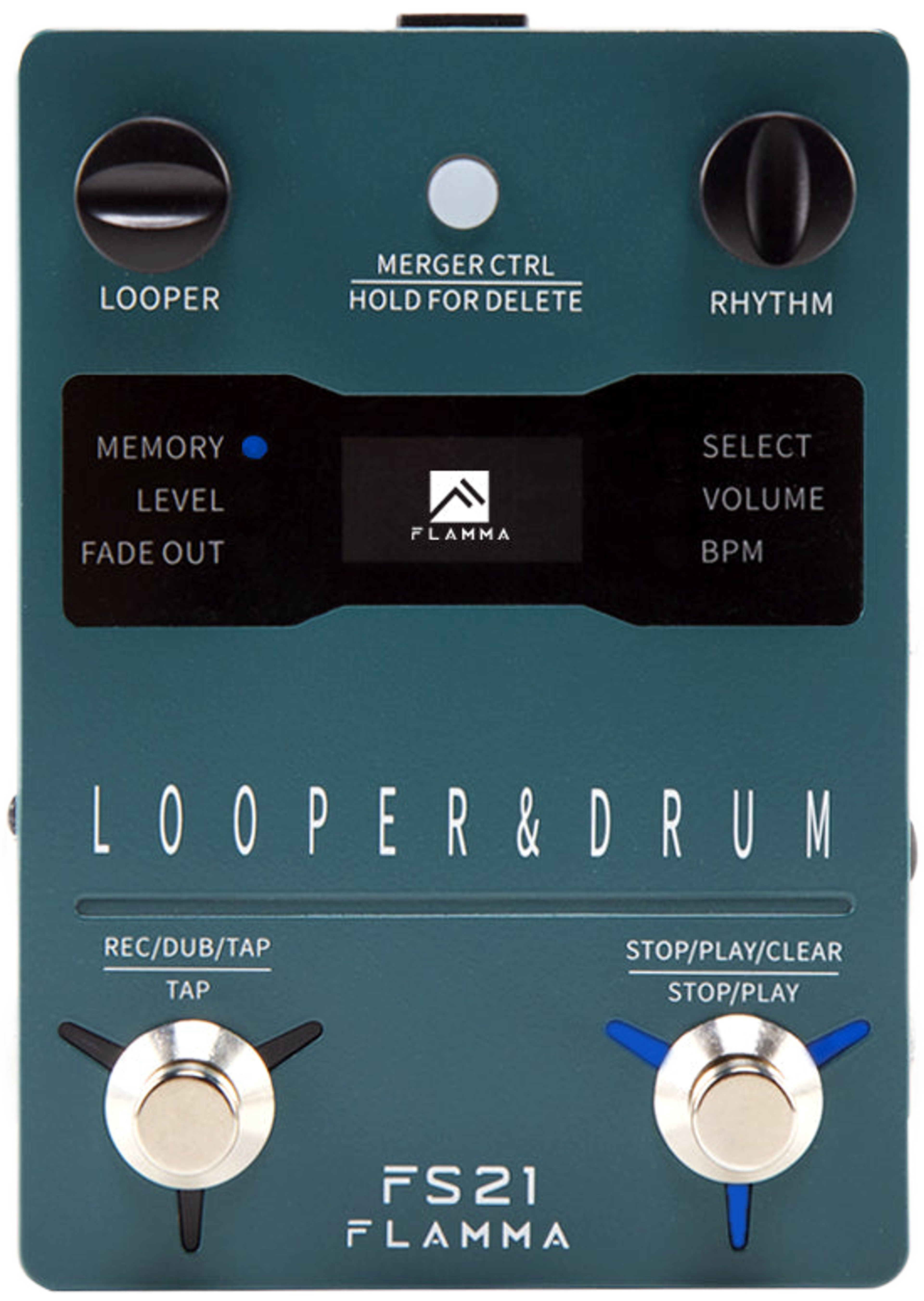 Flamma FS21 looper and drum machine pedal, top-down view, teal enclosure with a display, two knobs and two footswitches
