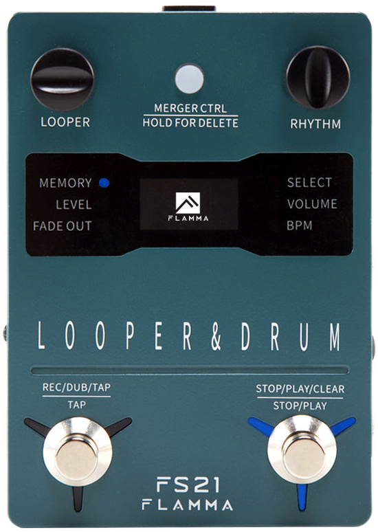 Flamma FS21 looper and drum machine pedal, top-down view, teal enclosure with a display, two knobs and two footswitches