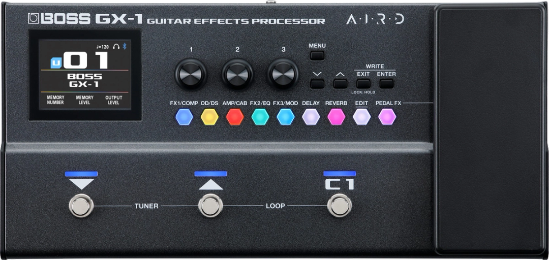 BOSS GX-1, top-down, colour display, three footswitches, expression pedal