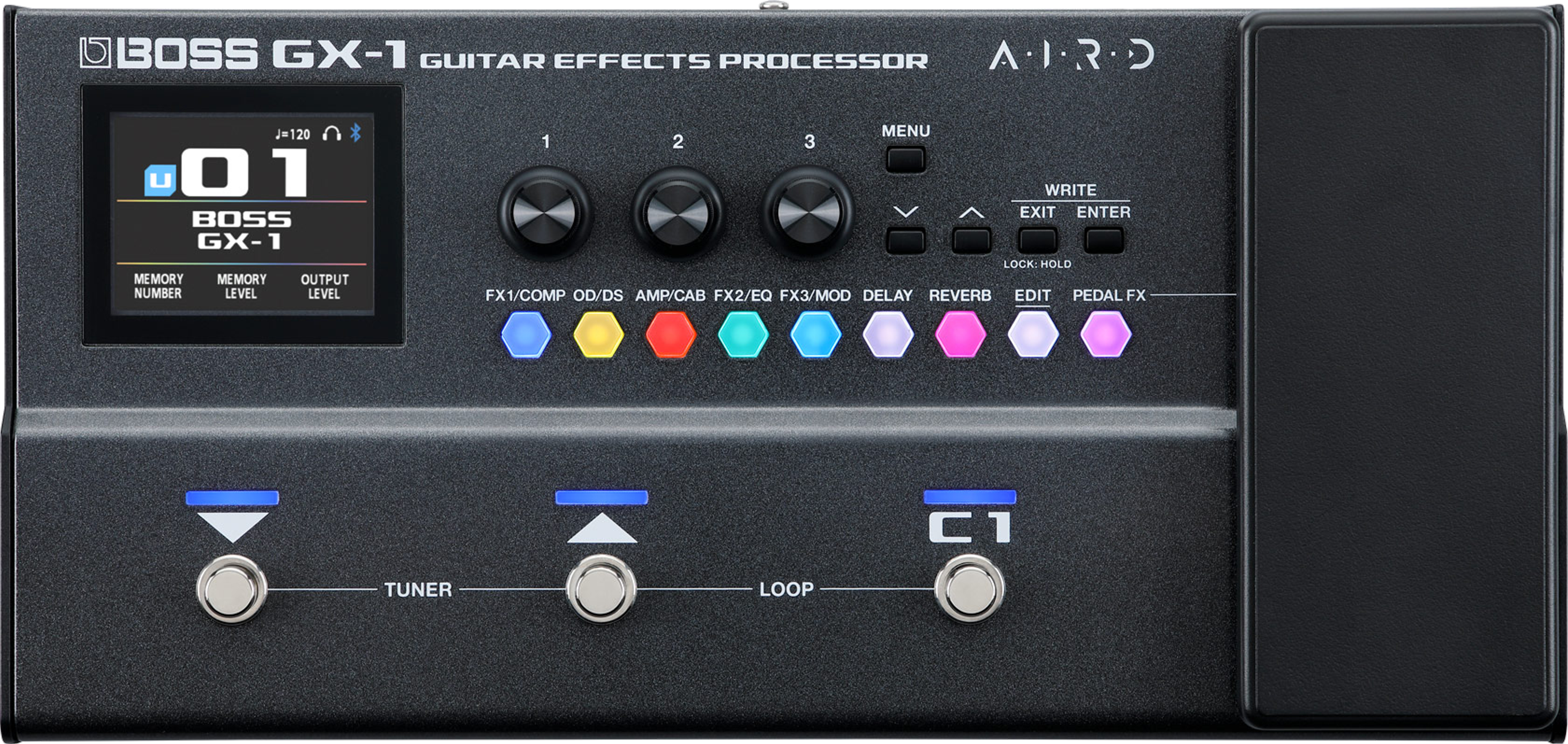 BOSS GX-1, top-down, colour display, three footswitches, expression pedal