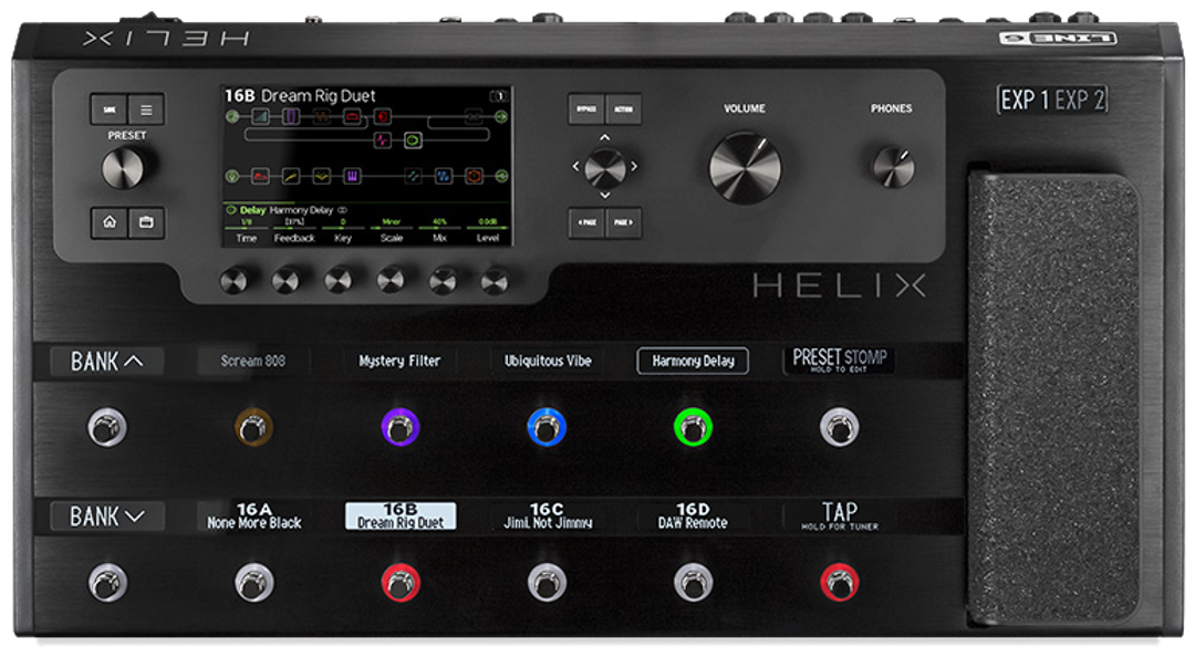 Line 6 Helix Floor, top view, black floorboard with colour screen, footswitches with scribble strips and expression pedal