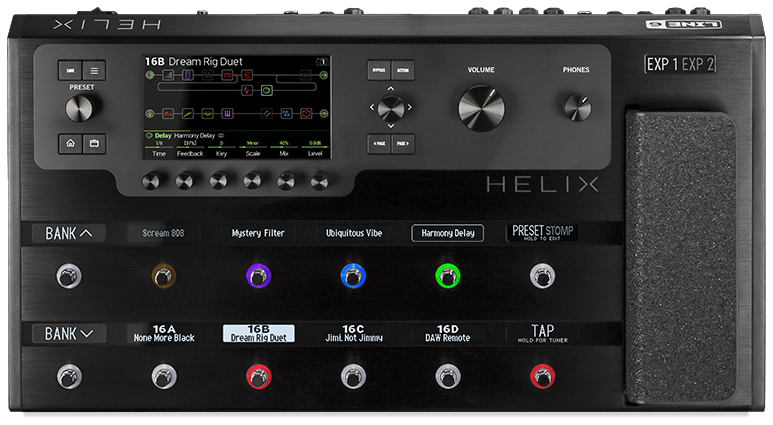 Line 6 Helix Floor, top view, black floorboard with colour screen, footswitches with scribble strips and expression pedal
