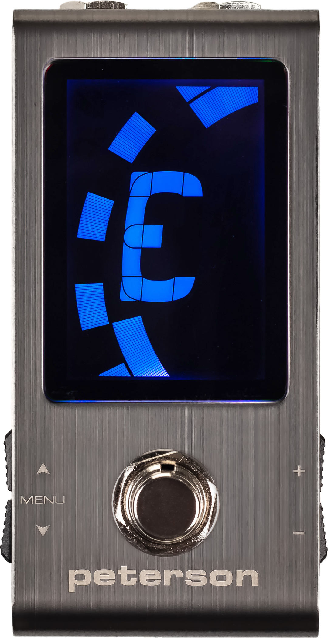 Peterson StroboStomp Mini, top-down view, brushed steel mini pedal with blue strobe display and footswitch