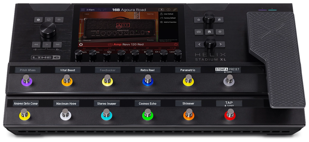 Line 6 Helix Stadium XL Floor, top-down view, touchscreen, OLED scribble strips, expression pedal