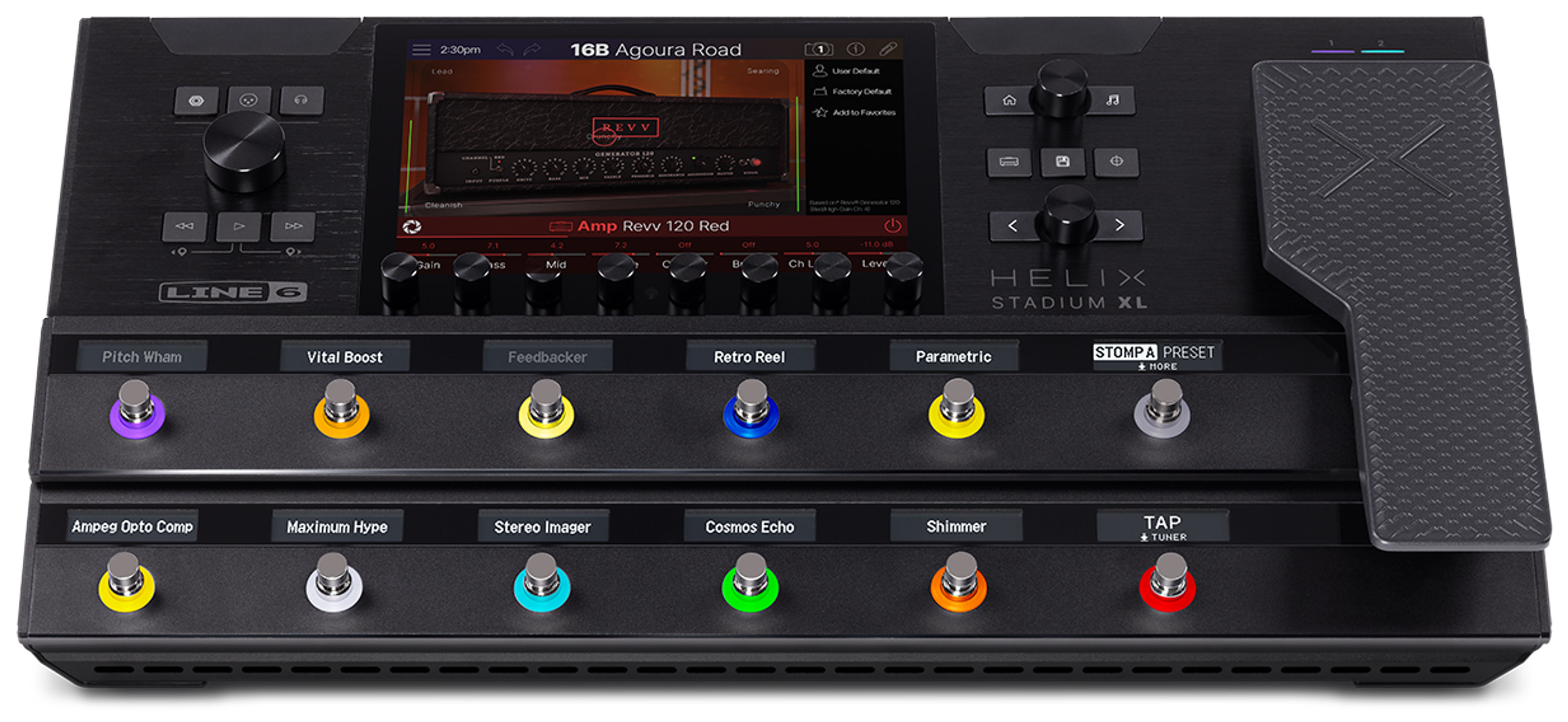 Line 6 Helix Stadium XL Floor, top-down view, touchscreen, OLED scribble strips, expression pedal
