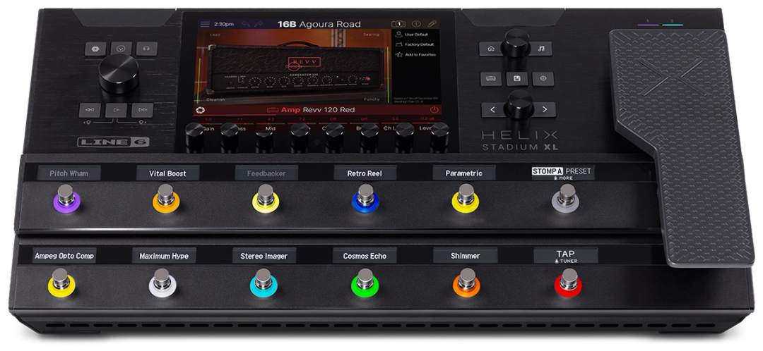 Line 6 Helix Stadium XL Floor, top-down view, touchscreen, OLED scribble strips, expression pedal