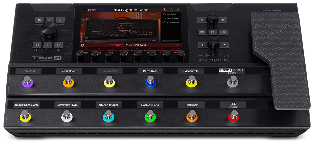 Line 6 Helix Stadium XL seen from the front, with touchscreen, colored footswitch rings, scribble strips and built-in expression pedal