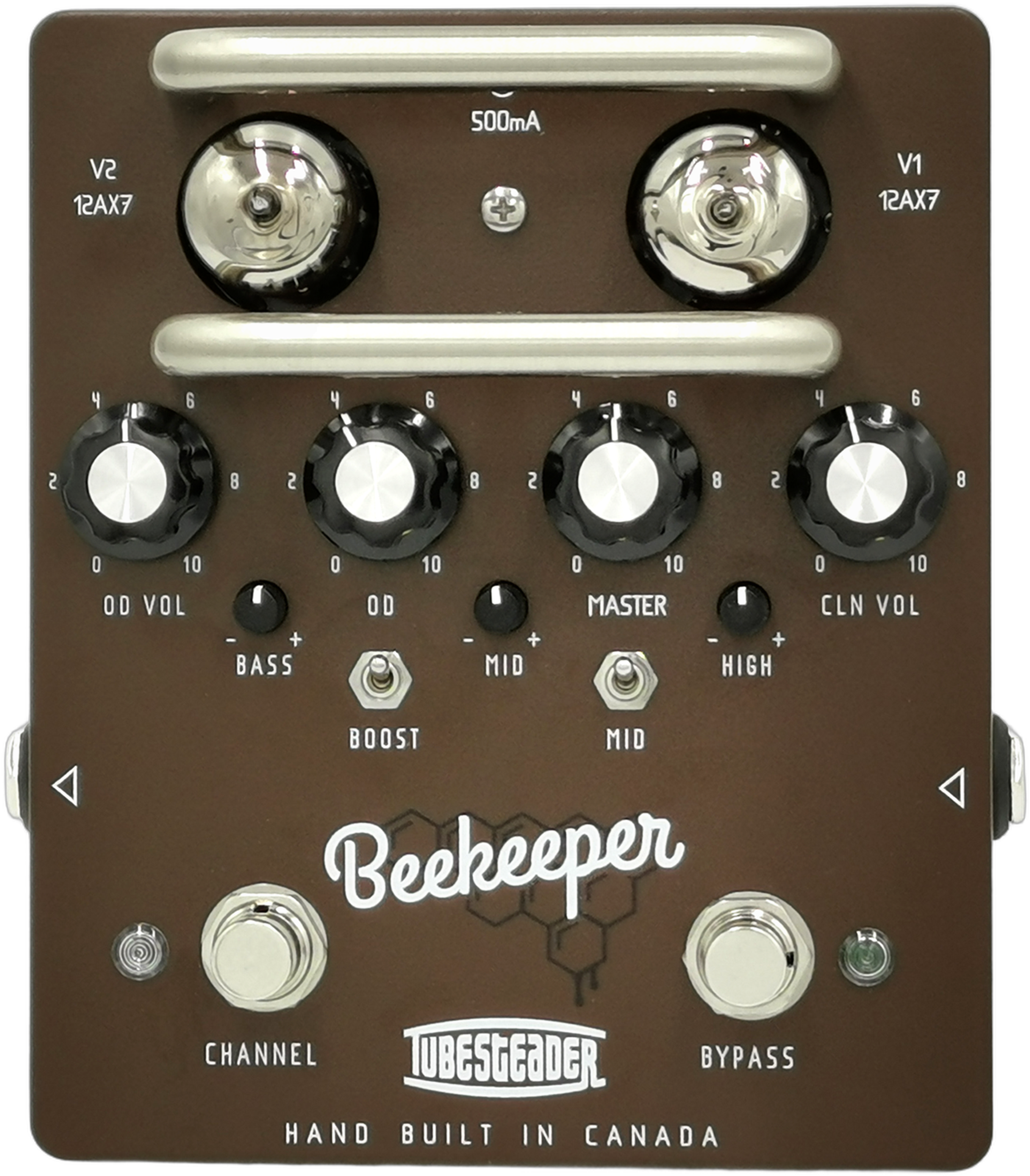 Tubesteader Beekeeper, top-down view, brown enclosure, twin 12AX7 tubes, Channel and Bypass footswitches