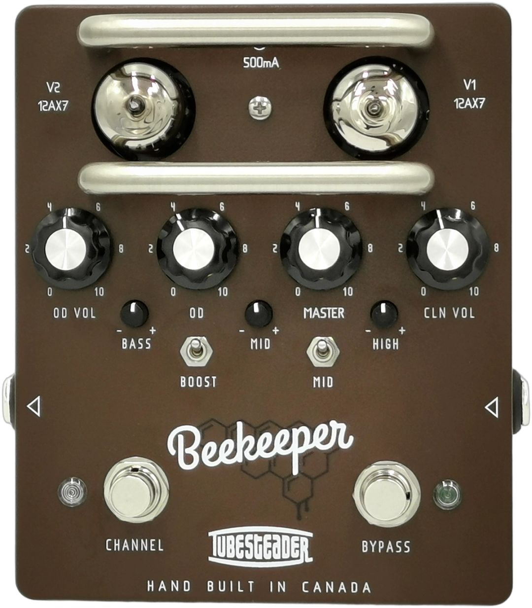 Tubesteader Beekeeper, top-down view, brown enclosure, twin 12AX7 tubes, Channel and Bypass footswitches