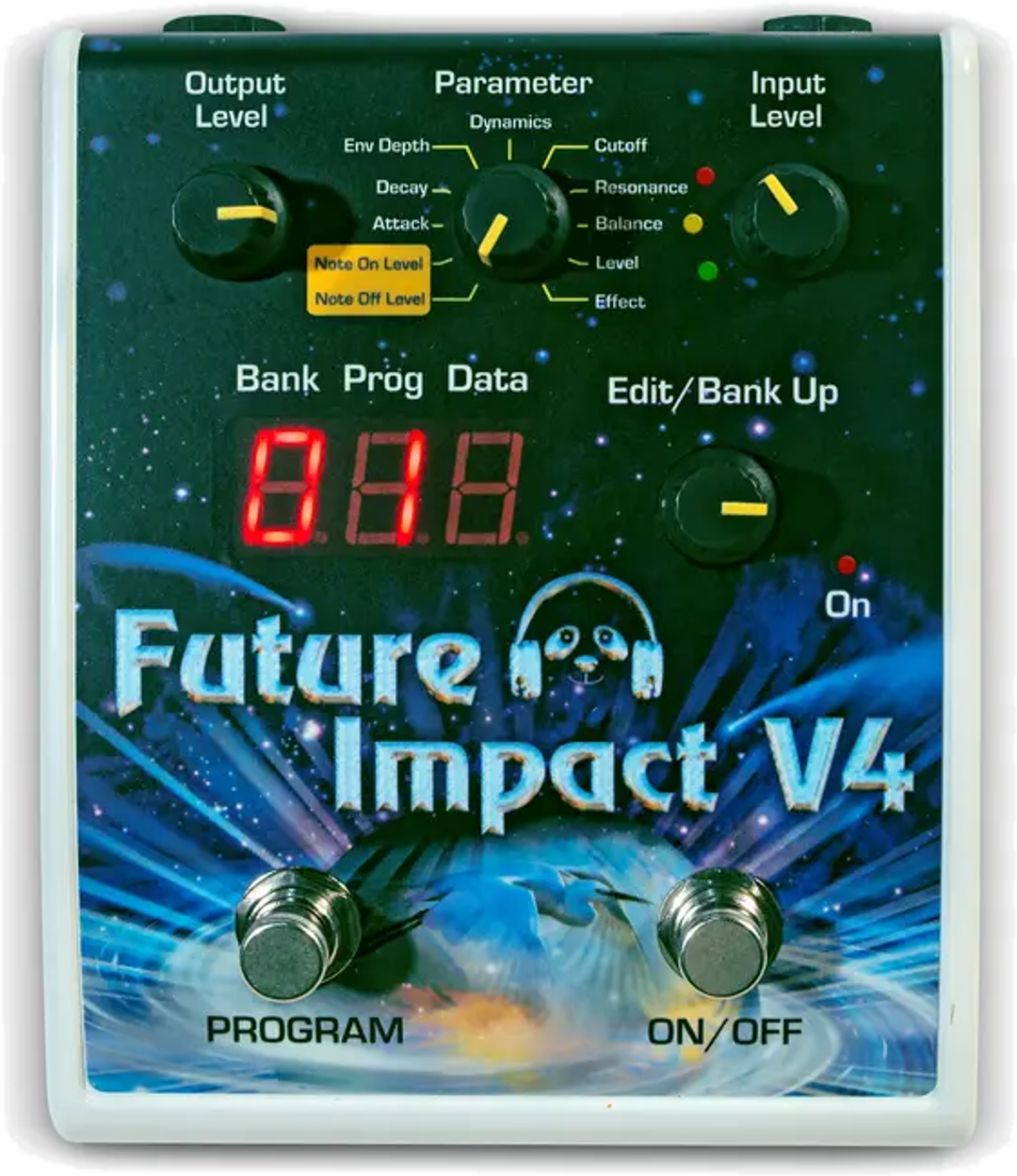 Panda Audio Future Impact V4 synth pedal, top view, light enclosure with galaxy artwork, three-digit display and two footswitches