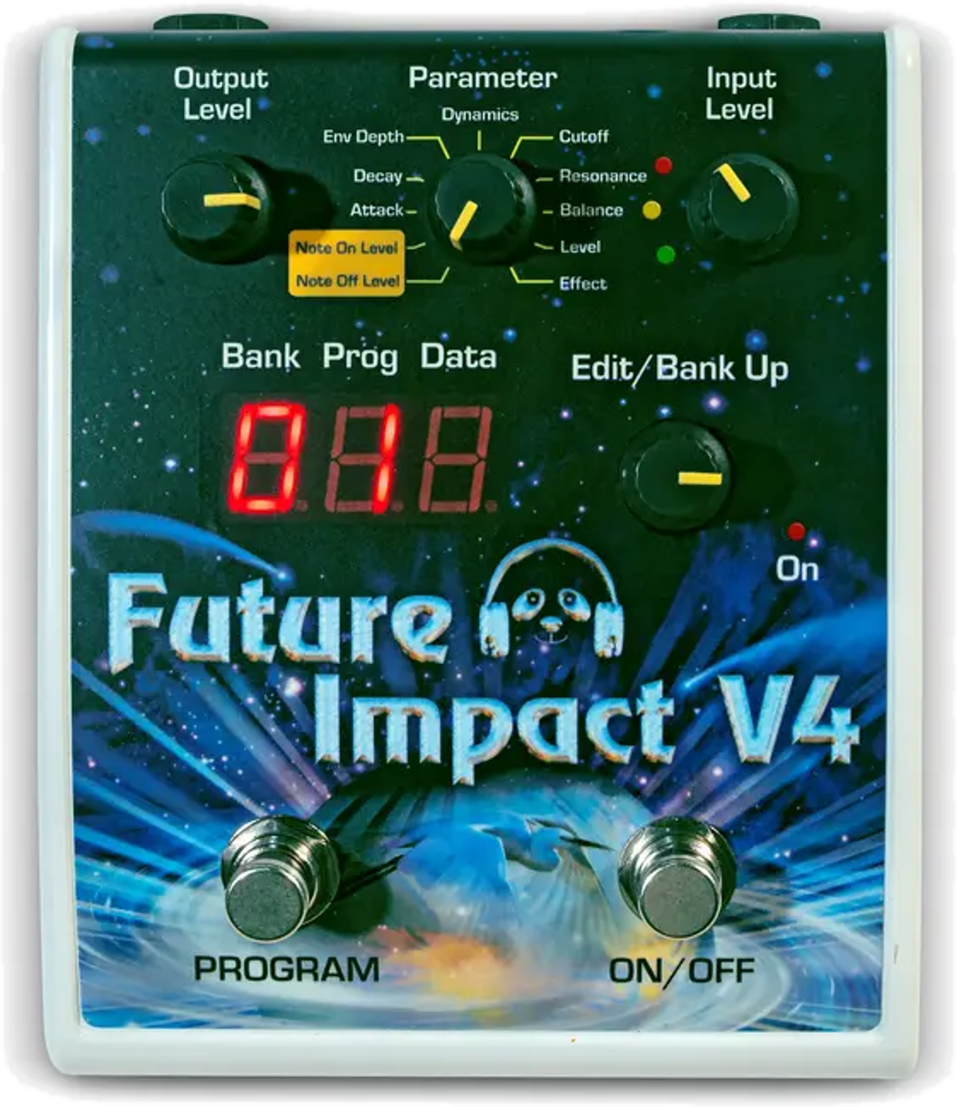 Panda Audio Future Impact V4 synth pedal, top view, light enclosure with galaxy artwork, three-digit display and two footswitches