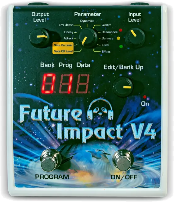 Panda Audio Future Impact V4 synth pedal, top view, light enclosure with galaxy artwork, three-digit display and two footswitches