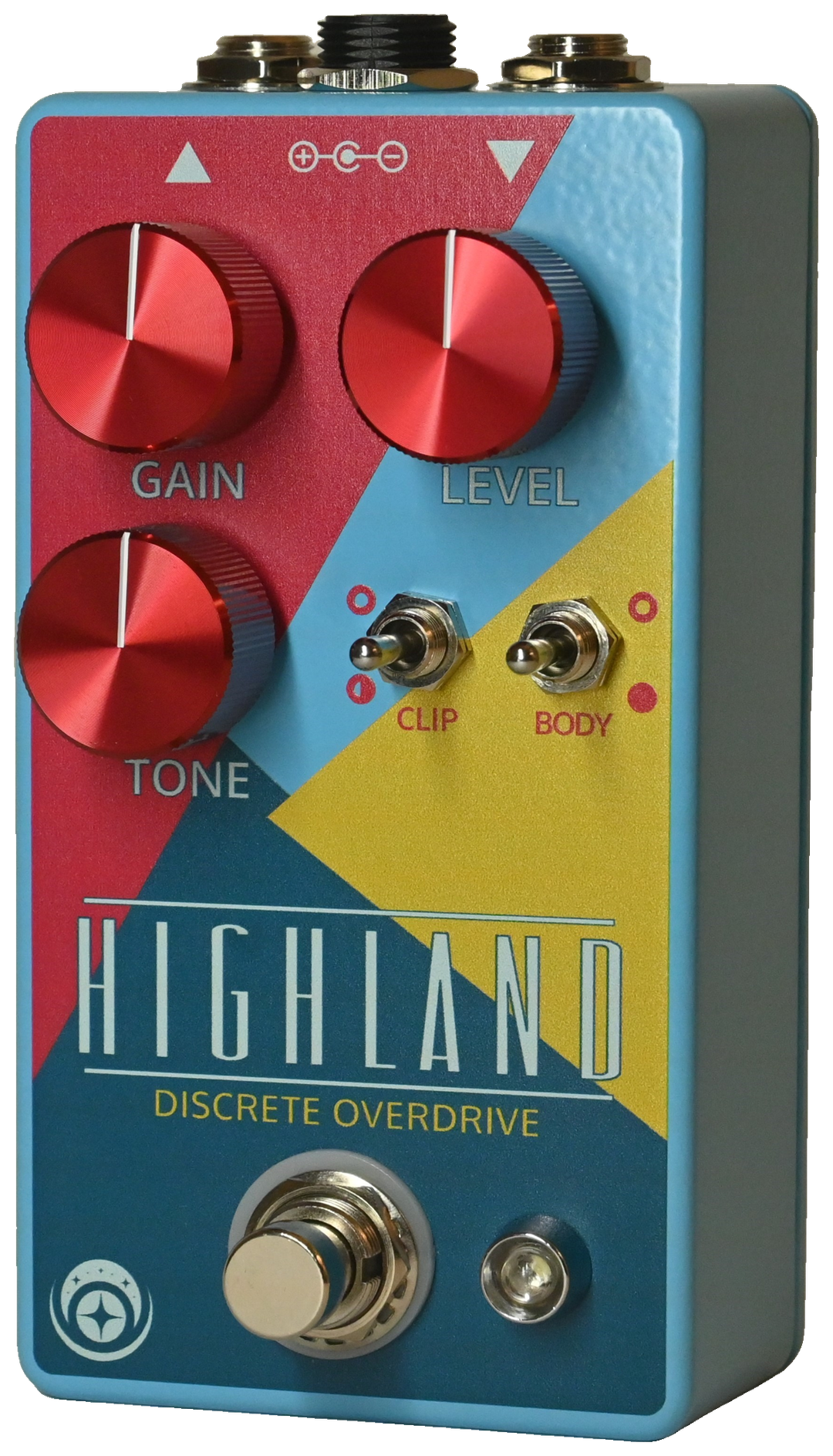 Awestruck Highland, three-quarter view, red, blue and yellow panels, three red knobs, Clip and Body toggles