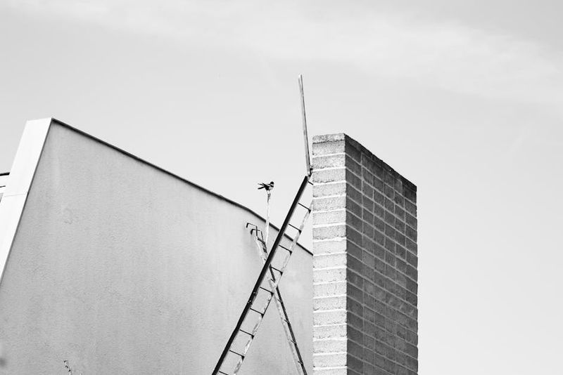 Artistic black and white photo of a building facade with ladder and brick chimney.