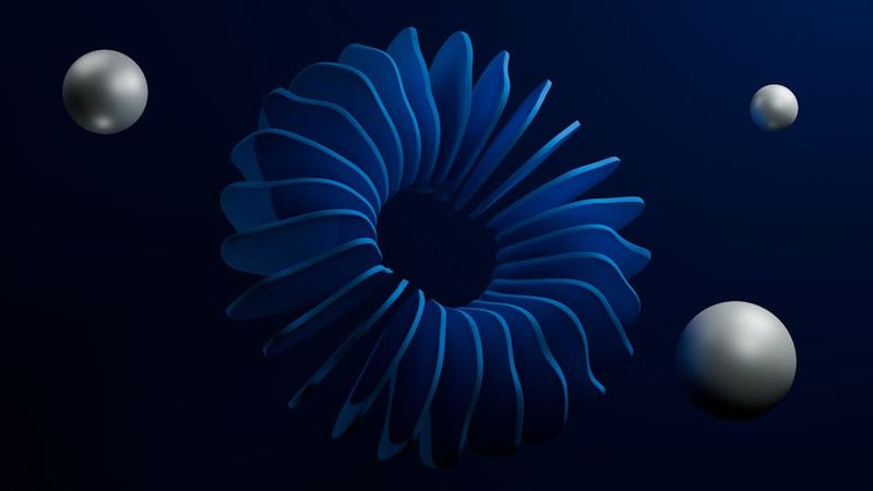 Um design abstrato 3D com formas curvas azuis e esferas metálicas em um fundo escuro.