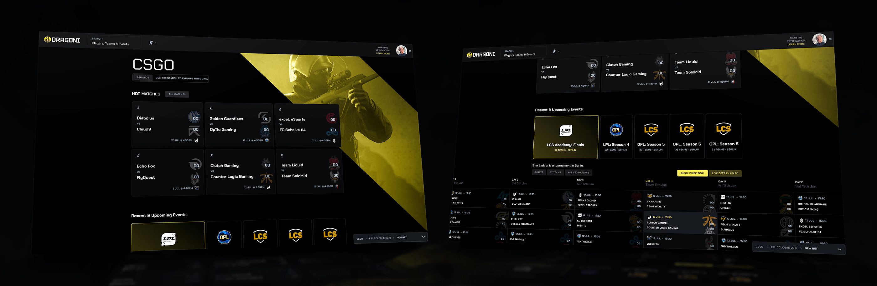 Each game has a dashboard with an overview of recent updates. From here users can explore deeper into the games events and matches.