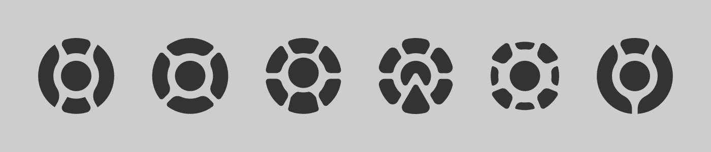 Six radial logo concepts.