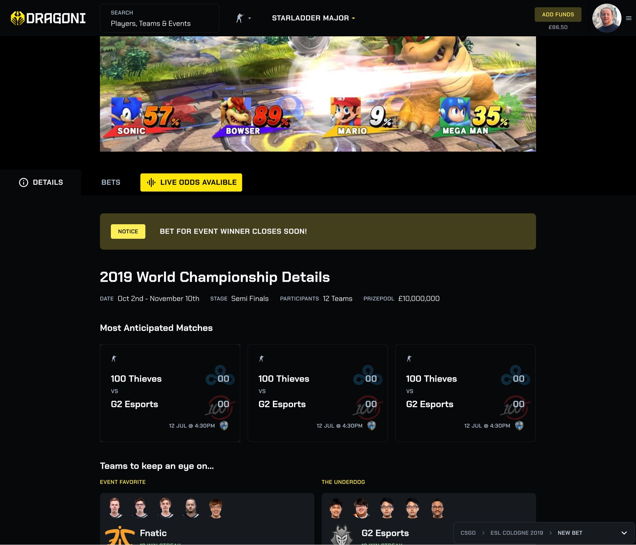 Event and match pages share a similar structure, each allowing the user to browse while keeping the livestream for a game open.