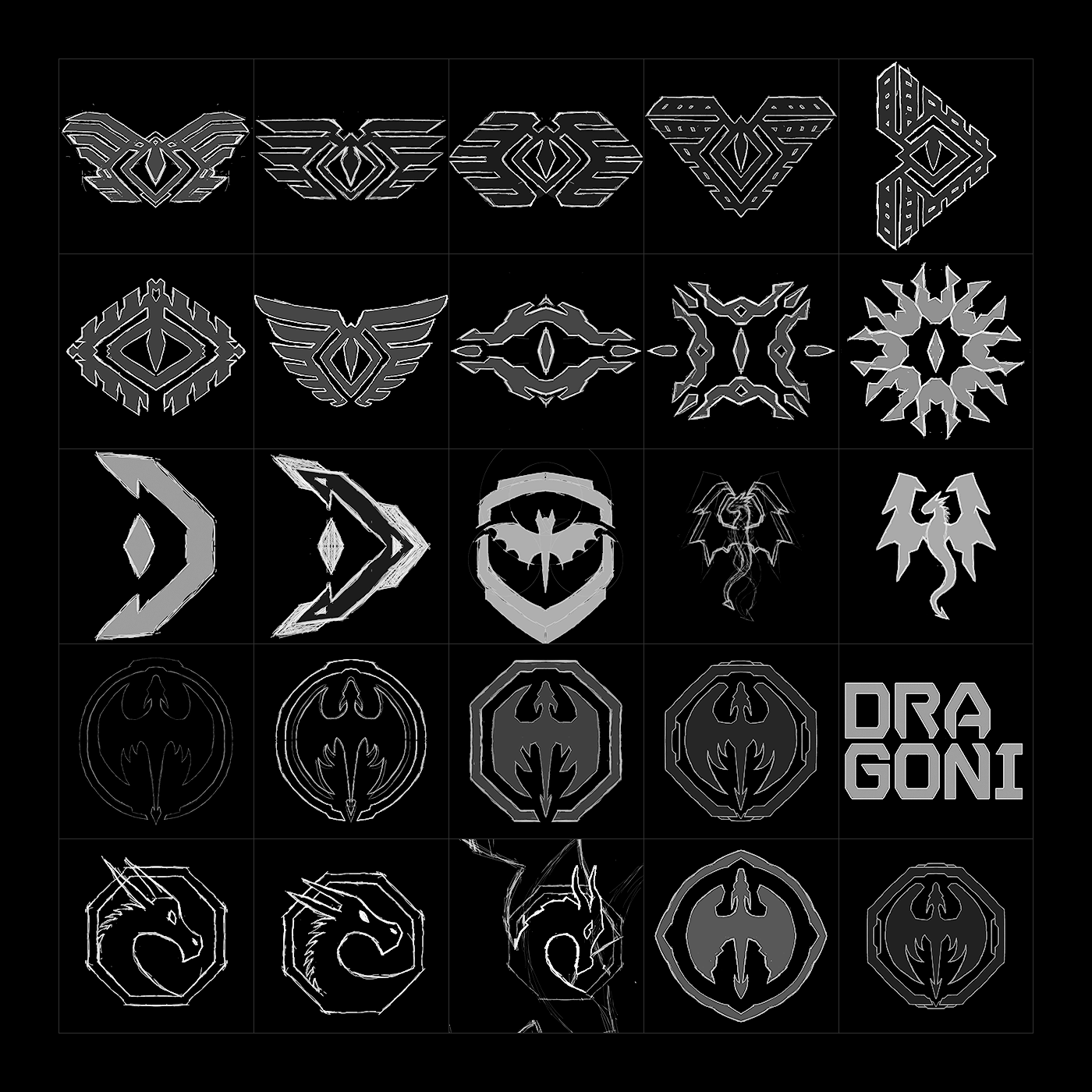 Initial sketches varied a lot, as I hoped to see what stuck with the team. My main takeaway was that the team wanted to have a dragon symbol in some form.