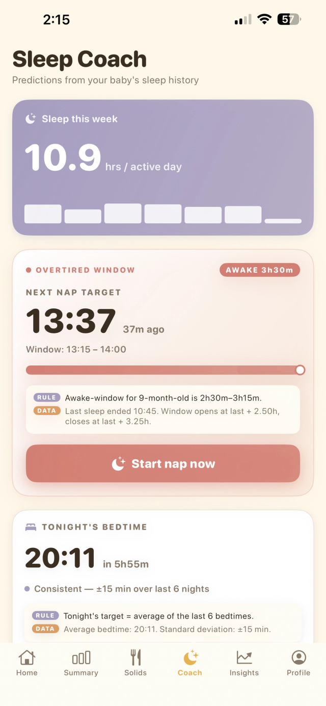 MamaBee Sleep Coach nap prediction