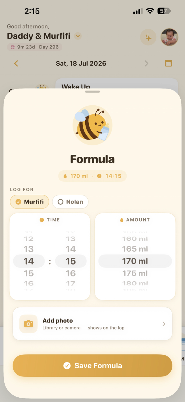 MamaBee formula logging screen