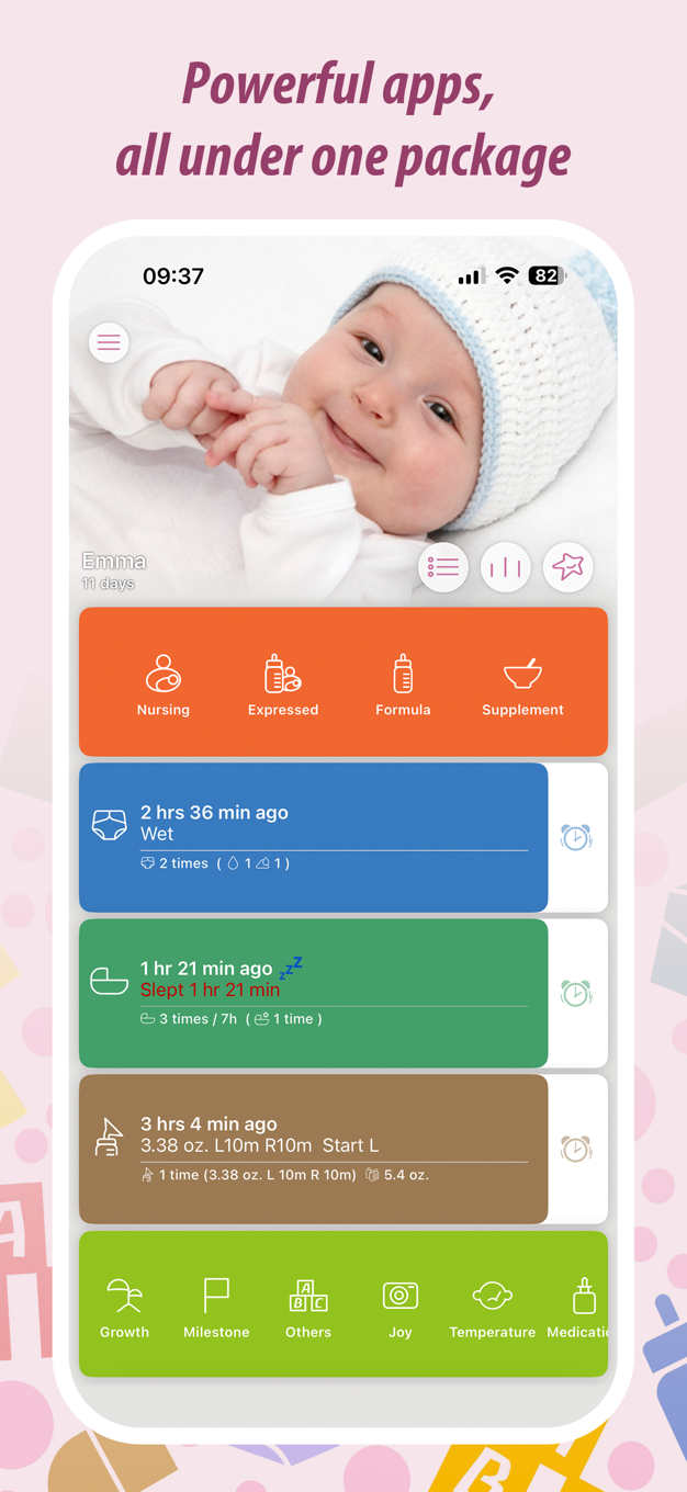 Baby Tracker home screen with colour-coded activity cards