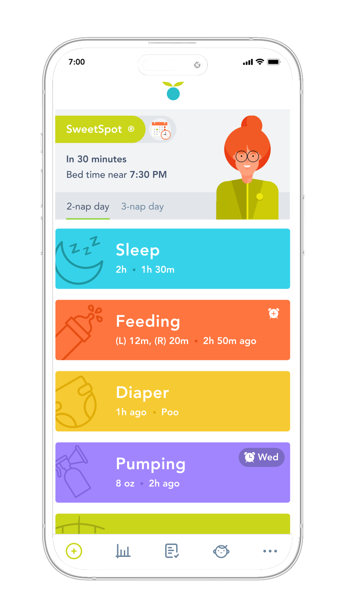 Huckleberry home screen with the SweetSpot bedtime prediction card at the top
