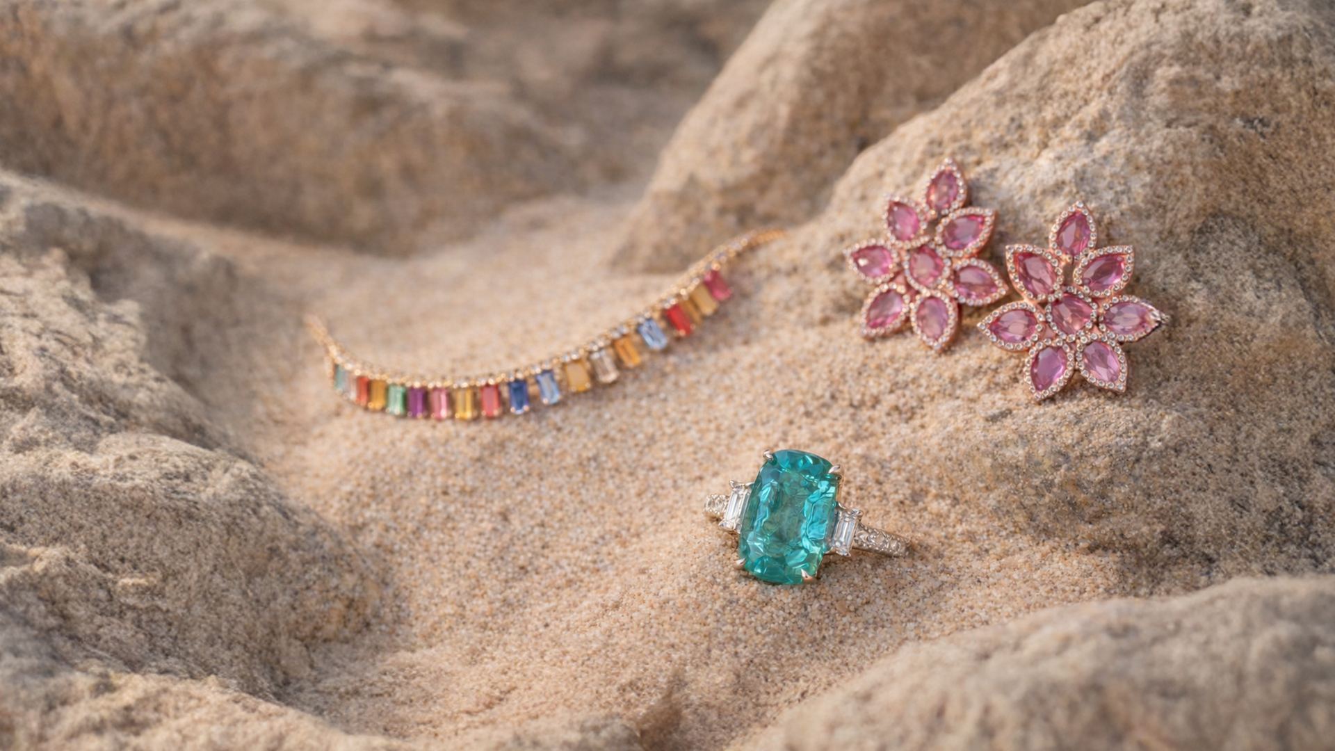 MULTICOLOR SAPPHIRE NECKLACE, PARAIBA RING, PINK SAPPHIRE AND DIAMOND EARRINGS IN SAND
