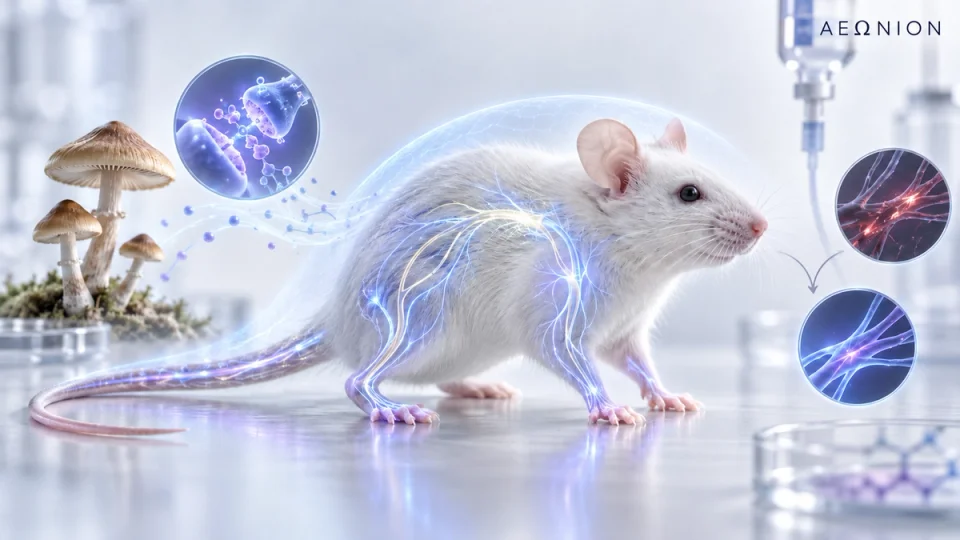 Conceptual illustration of a white laboratory mouse with glowing nerves, mushrooms and nerve-cell insets, with the AEΩNION wordmark at the upper right.