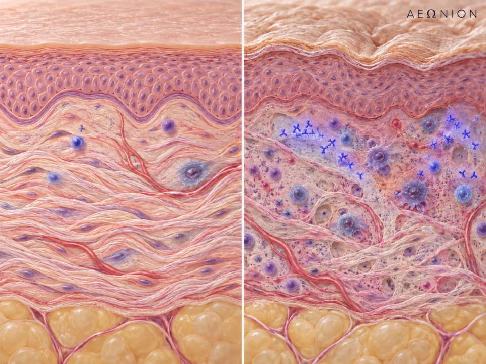 Conceptual side-by-side skin cross-sections showing dense collagen fibres on the left and more antibodies and immune cells among sparser fibres on the right, with the AEΩNION wordmark.