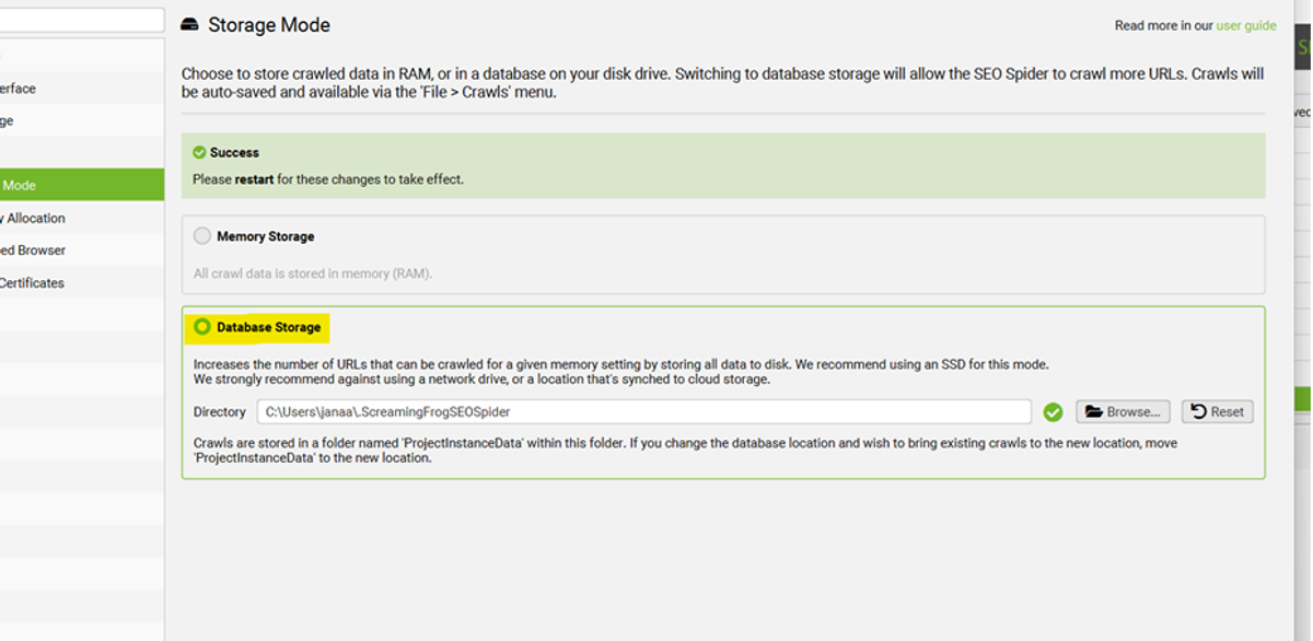 nastavenie Database Storage Mode v Screaming frogu
