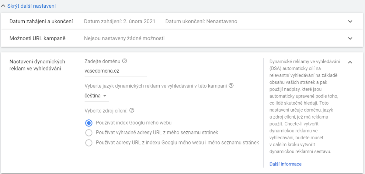 Základní nastavení DSA kampaně v Google Ads
