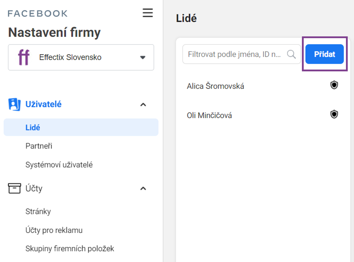 1 pridanie pouzivatele do Business managera