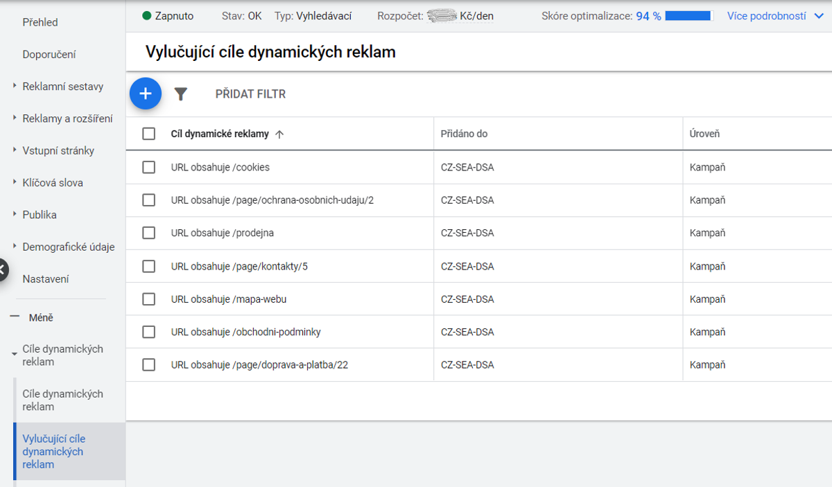 Příklad vylučujících cílů v DSA kampani Google Ads