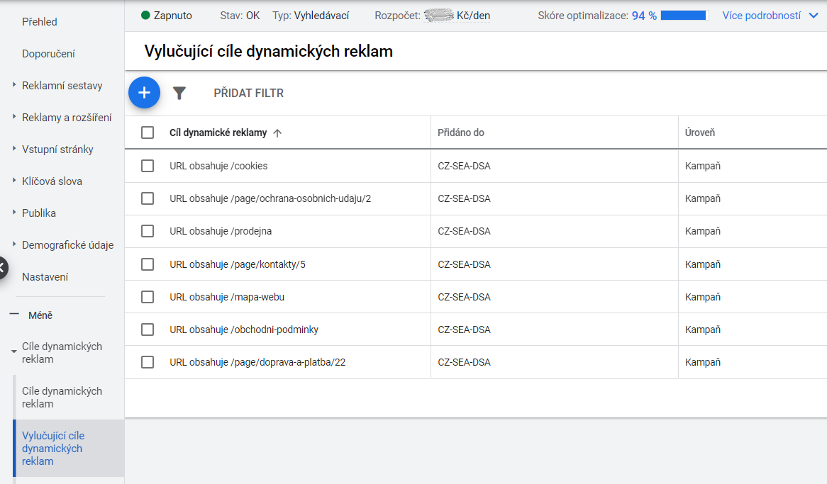 Příklad vylučujících cílů v DSA kampani Google Ads